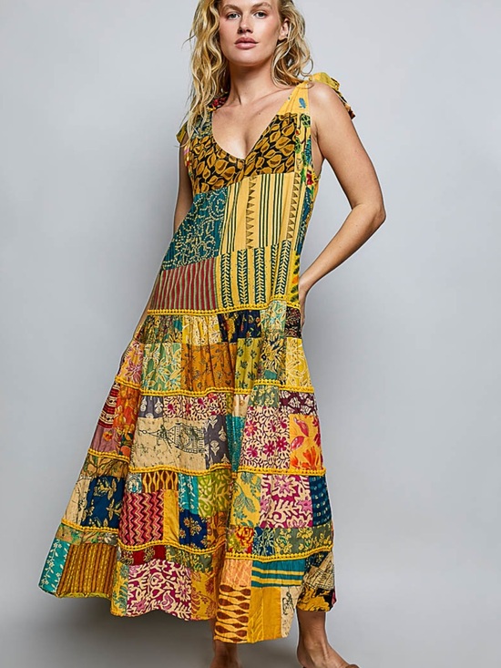 POL Dresses & Skirts - 💕POL Bohemian Patchwork Maxi Dress in Mustard Yellow